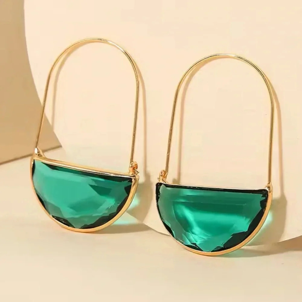 Anthropologie Gold Hoop Emerald Green Semicircle Drop Earrings - Picture 3 of 12